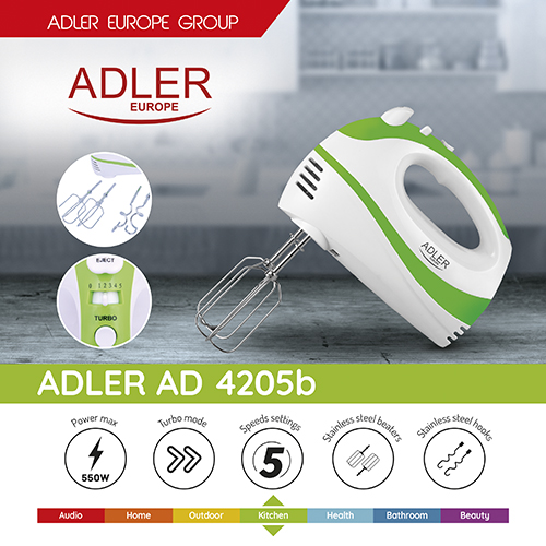 Міксер Adler AD 4205 green (550 Watt) - Ручний міксер Adler потужністю 550 Вт в зеленому кольорі