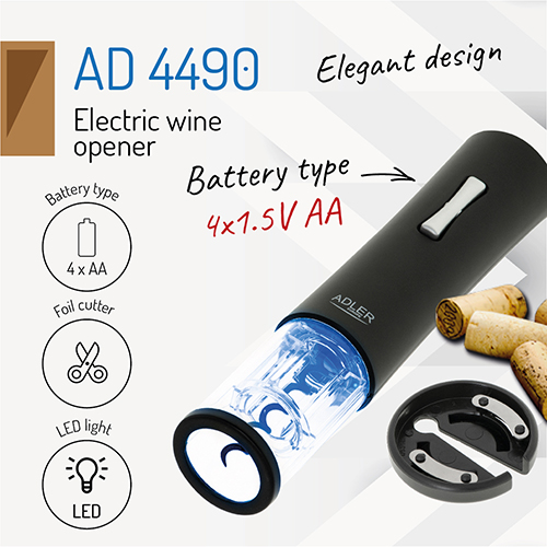 Електричний штопор для вина Adler AD 4490: Відкривайте вино з легкістю завдяки електричному штопору Adler