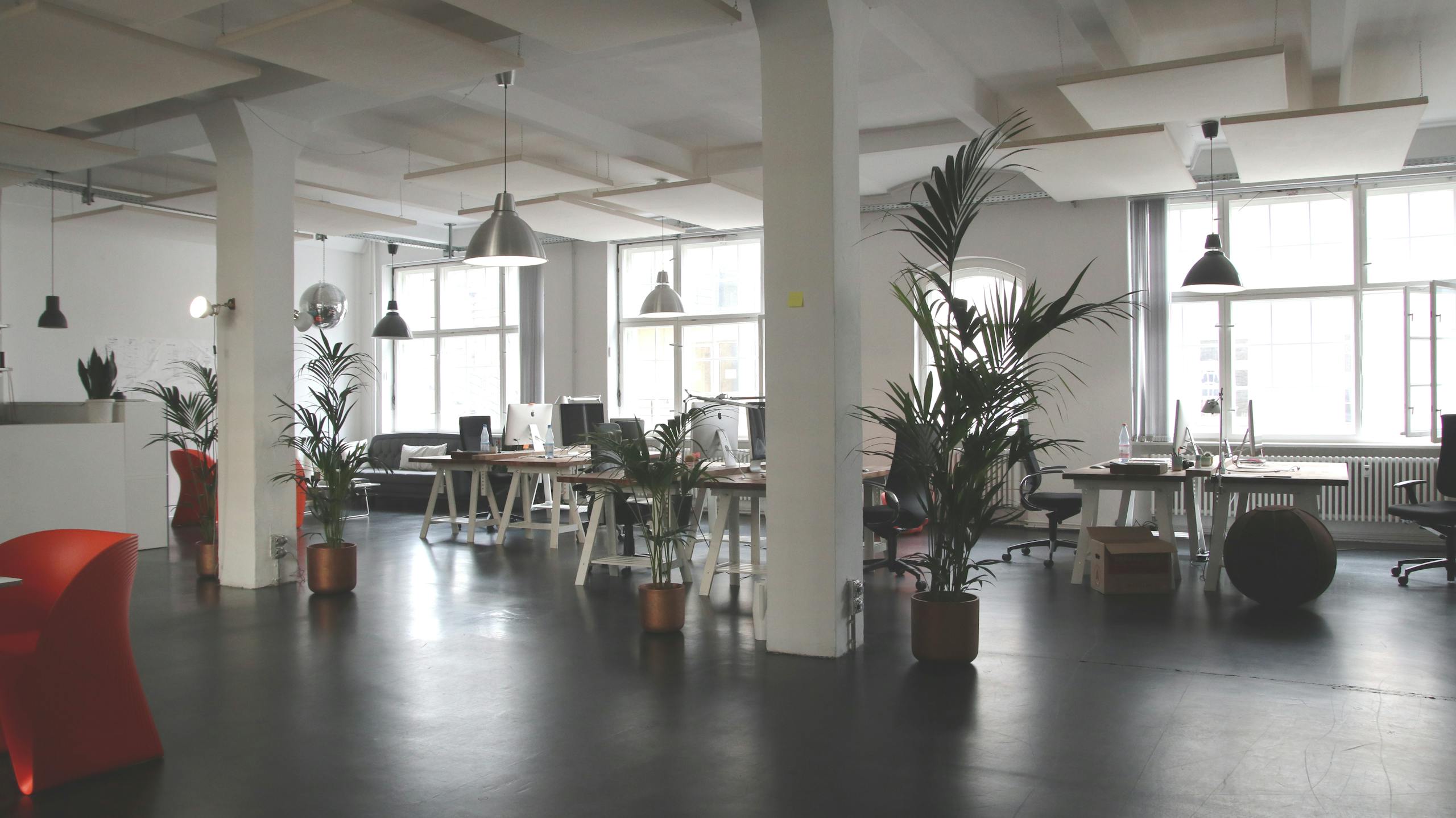 Photo by Marc Mueller Spacious modern office interior with desks, plants, and natural lighting in Berlin.