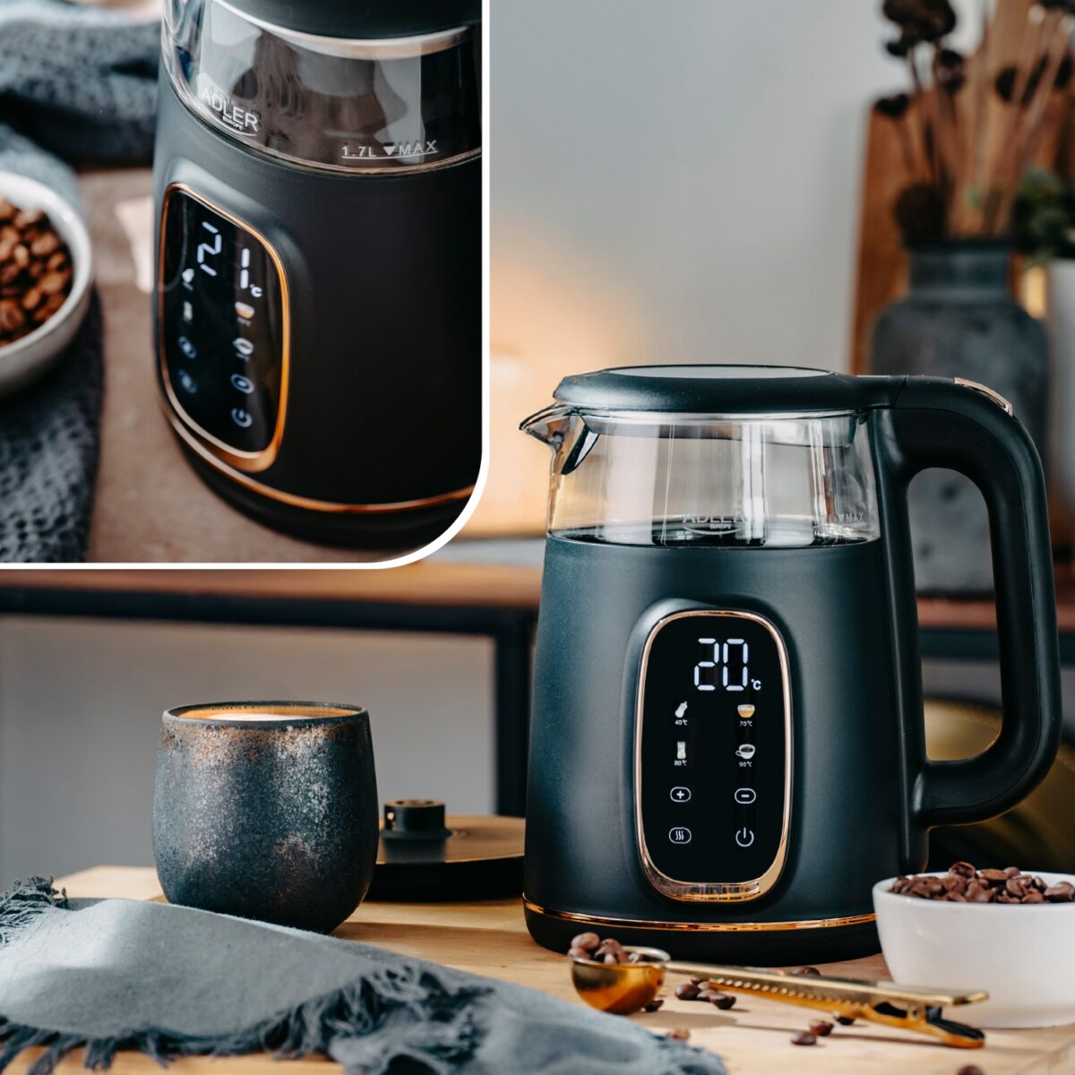 Скляний електричний чайник Adler AD 1305 LED 1.7л 2200Вт 40°C-100°C black gold