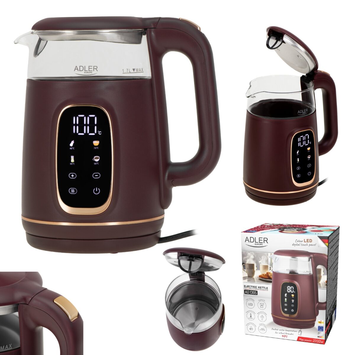 Скляний електричний чайник Adler AD 1305 LED 1.7л 2200Вт 40°C-100°C burgundy - Зображення 14