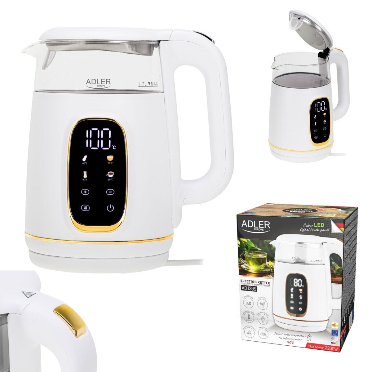 Скляний електричний чайник Adler AD 1305 LED 1.7л 2200Вт 40°C-100°C white gold - Зображення 14