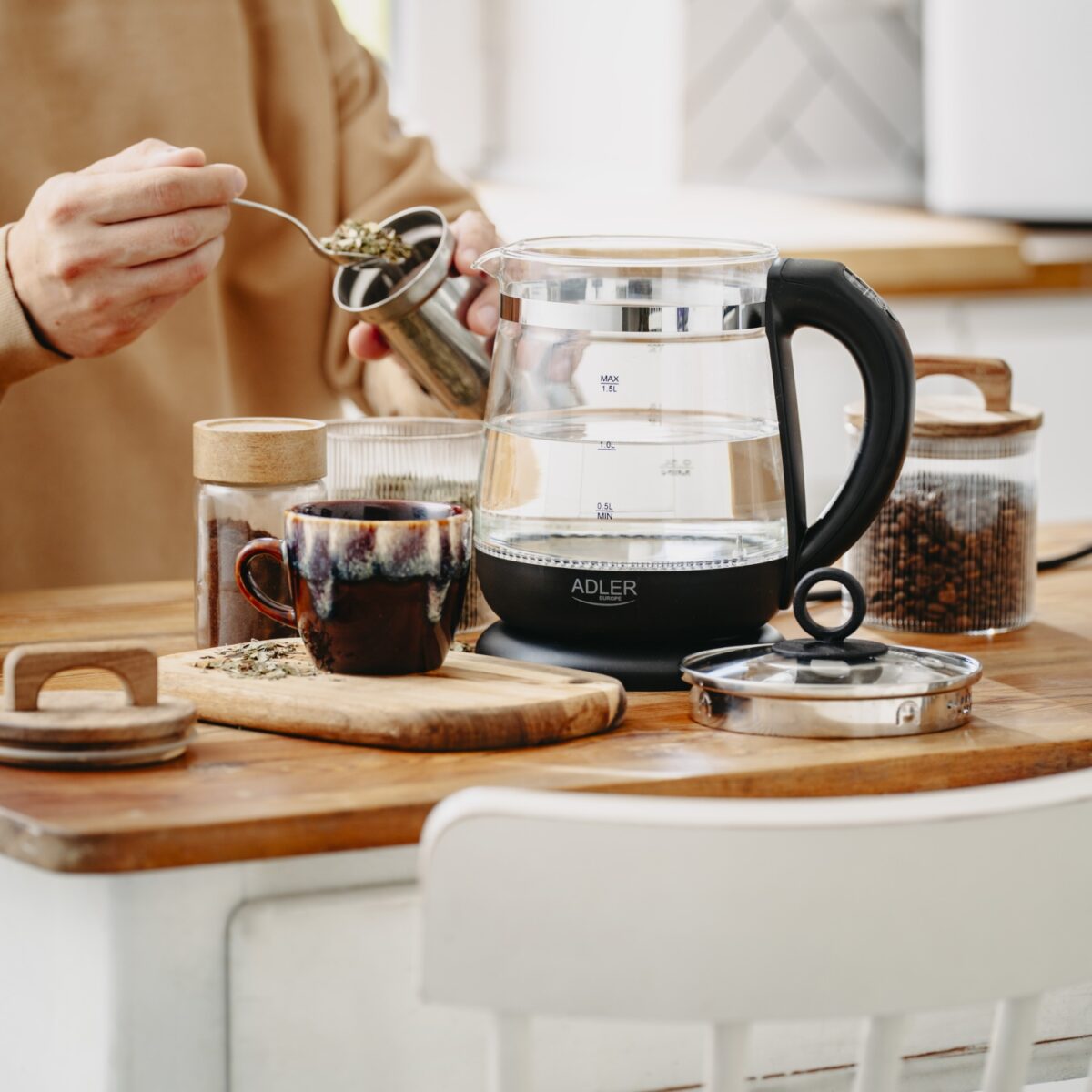 Скляний чайник із заварником Adler AD 1299 Чорний 2200Вт 1.5л з контролем температури та заварювальним блоком