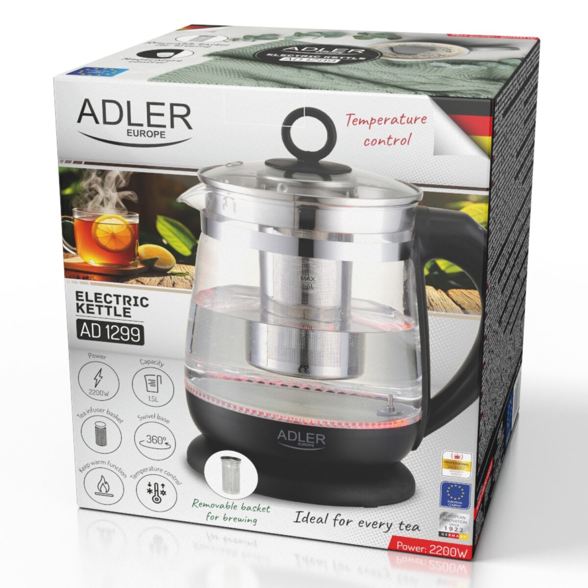 Скляний чайник із заварником Adler AD 1299 Чорний 2200Вт 1.5л з контролем температури та заварювальним блоком
