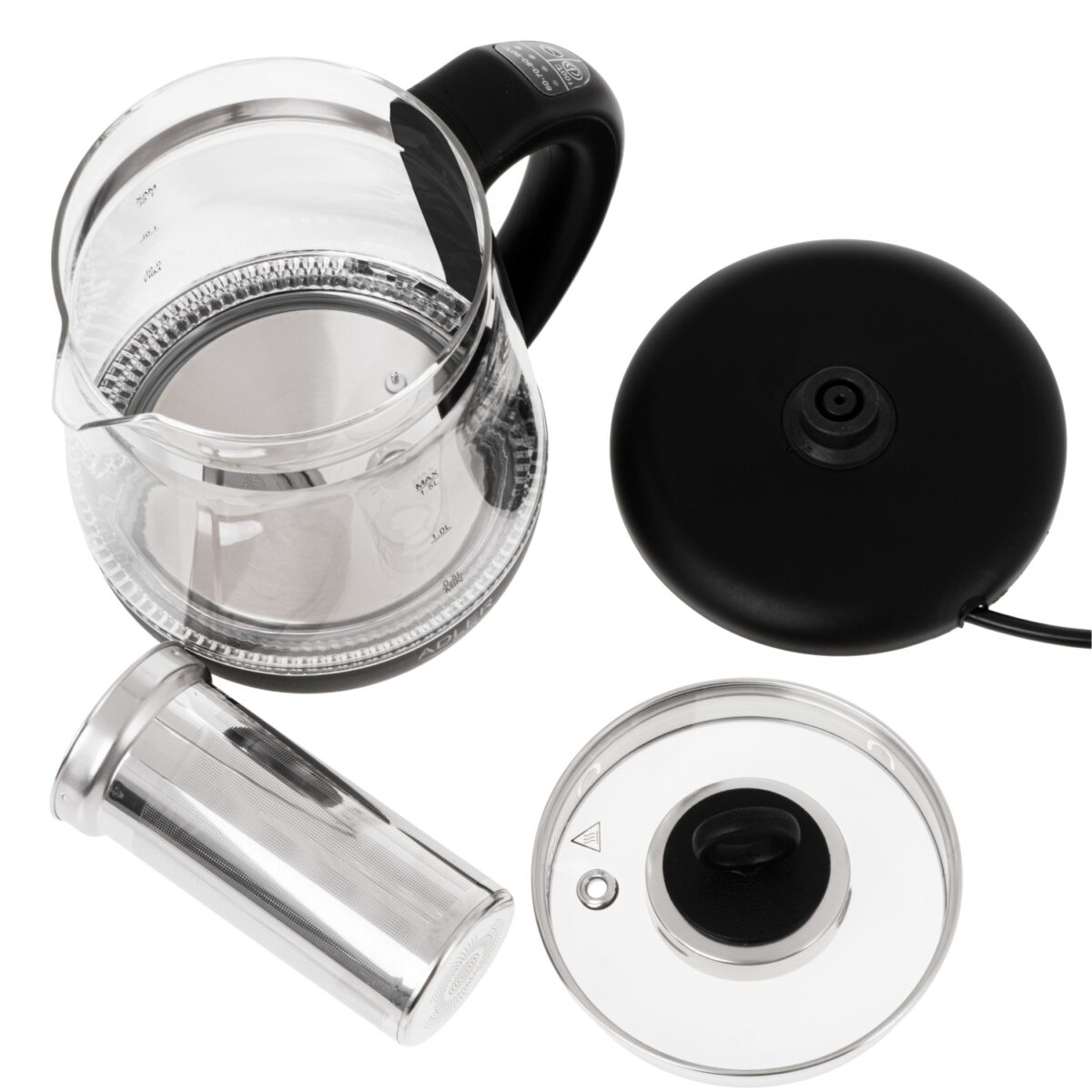 Скляний чайник із заварником Adler AD 1299 Чорний 2200Вт 1.5л з контролем температури та заварювальним блоком