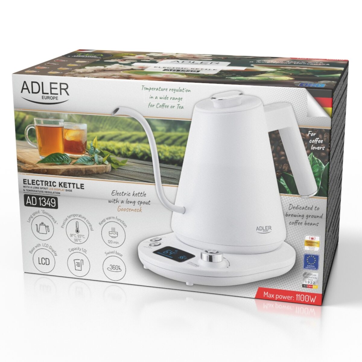Чайник електричний з регулятором Adler AD 1349 white 1L LED