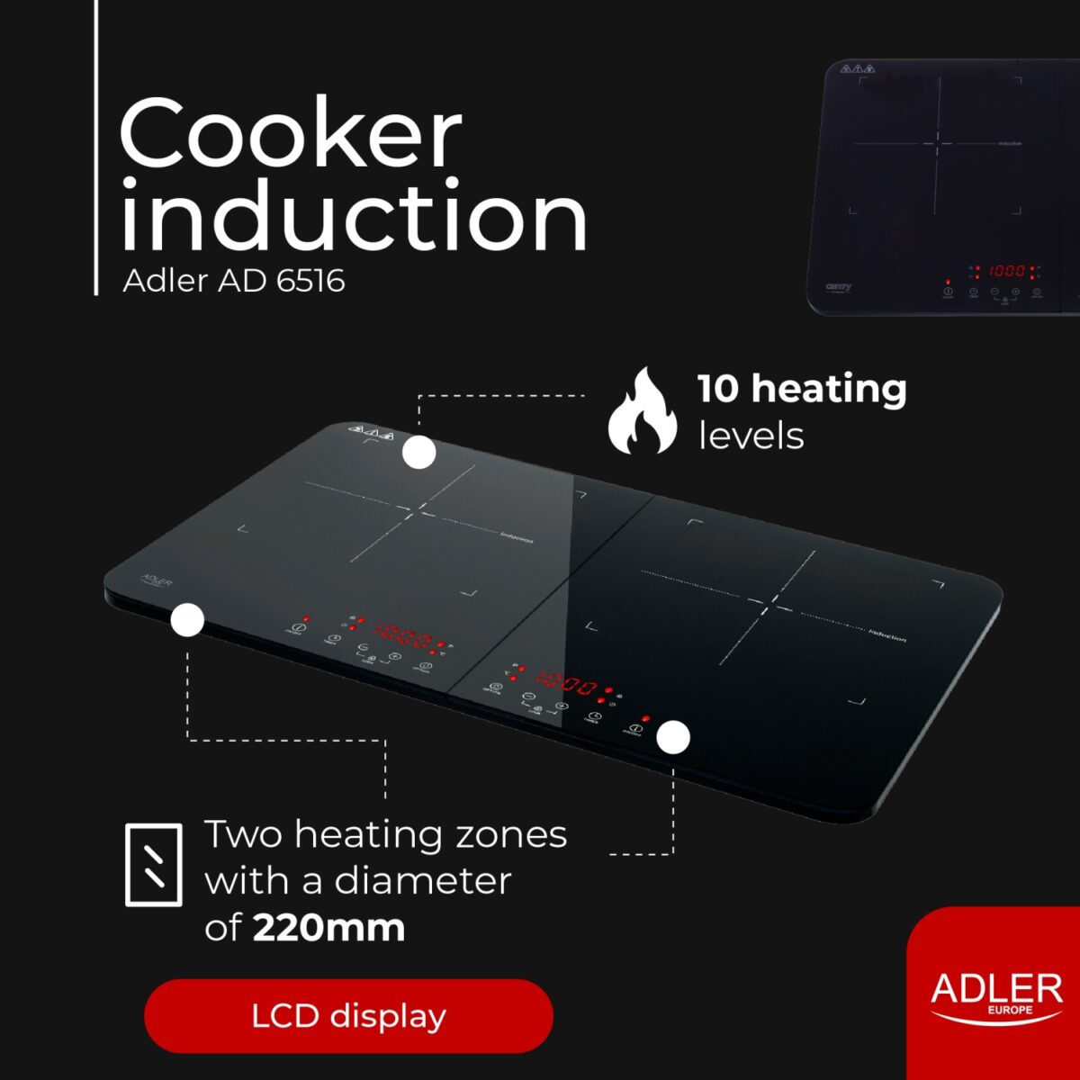 Плита індукційна двоконфоркова Adler AD 6516 60°-240°C 220-240В 3500Вт