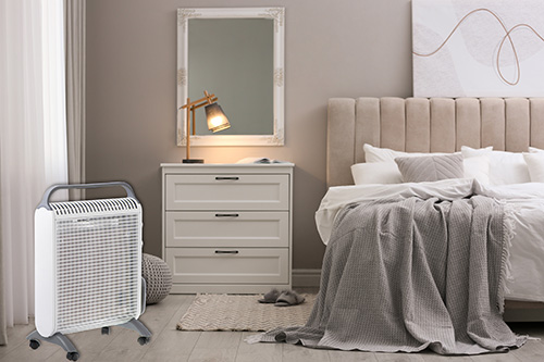 Stylish room interior with big comfortable bed Конвекторний обігрівач Adler AD 7750 IP24 1000Вт - 2000Вт