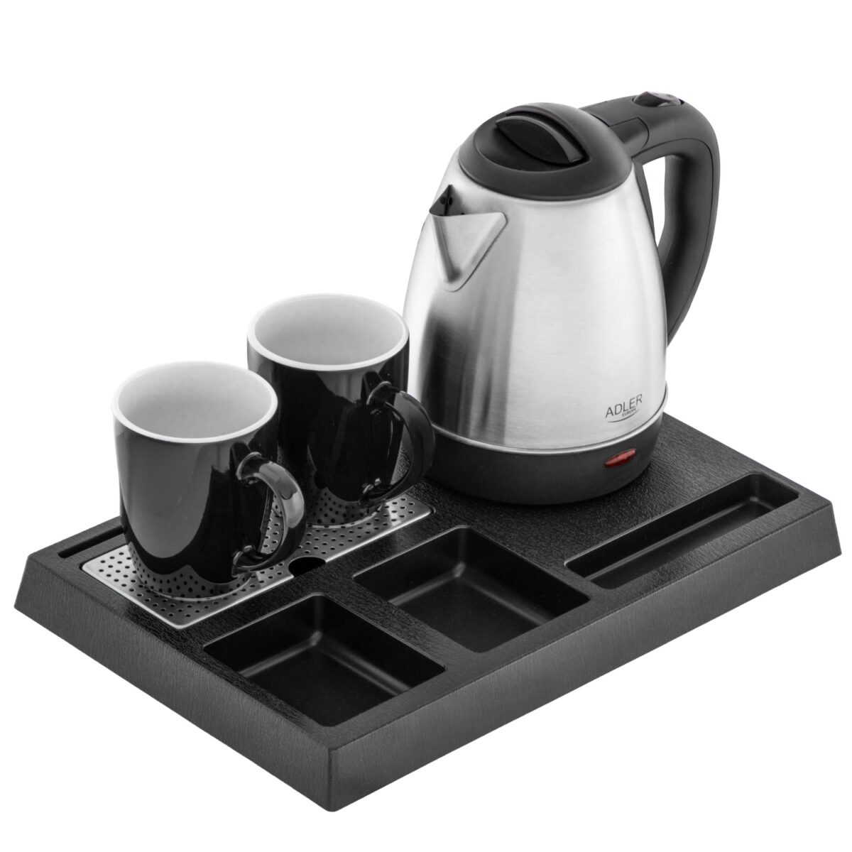 Чайний набір готельний чайник Adler AD 1354 з нержавіючої сталі 1.2л вітальний піднос з чашками та відділеннями