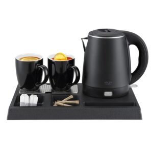 Чайний набір готельний чайник Adler AD 1387 з нержавіючої сталі 1.2л вітальний піднос з чашками та відділеннями