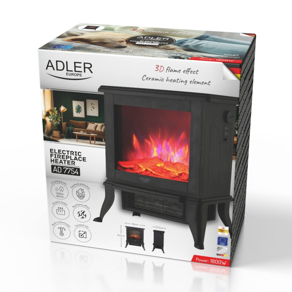 Електричний камін Adler AD 7754 – компактний обігрівач з реалістичним 3D-ефектом полум’я для затишку в домі.