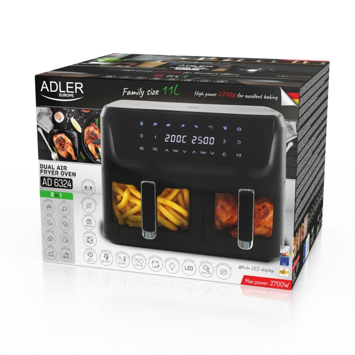 Аерогриль аерофритюрниця фритютниця гриль Adler AD 6324 8 програм LED 11 літрів (6.5л + 4.5л)