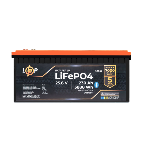 Акумулятор LP LiFePO4 25,6V - 230 Ah (5888Wh) (BMS 200A/100А) пластик Smart BT