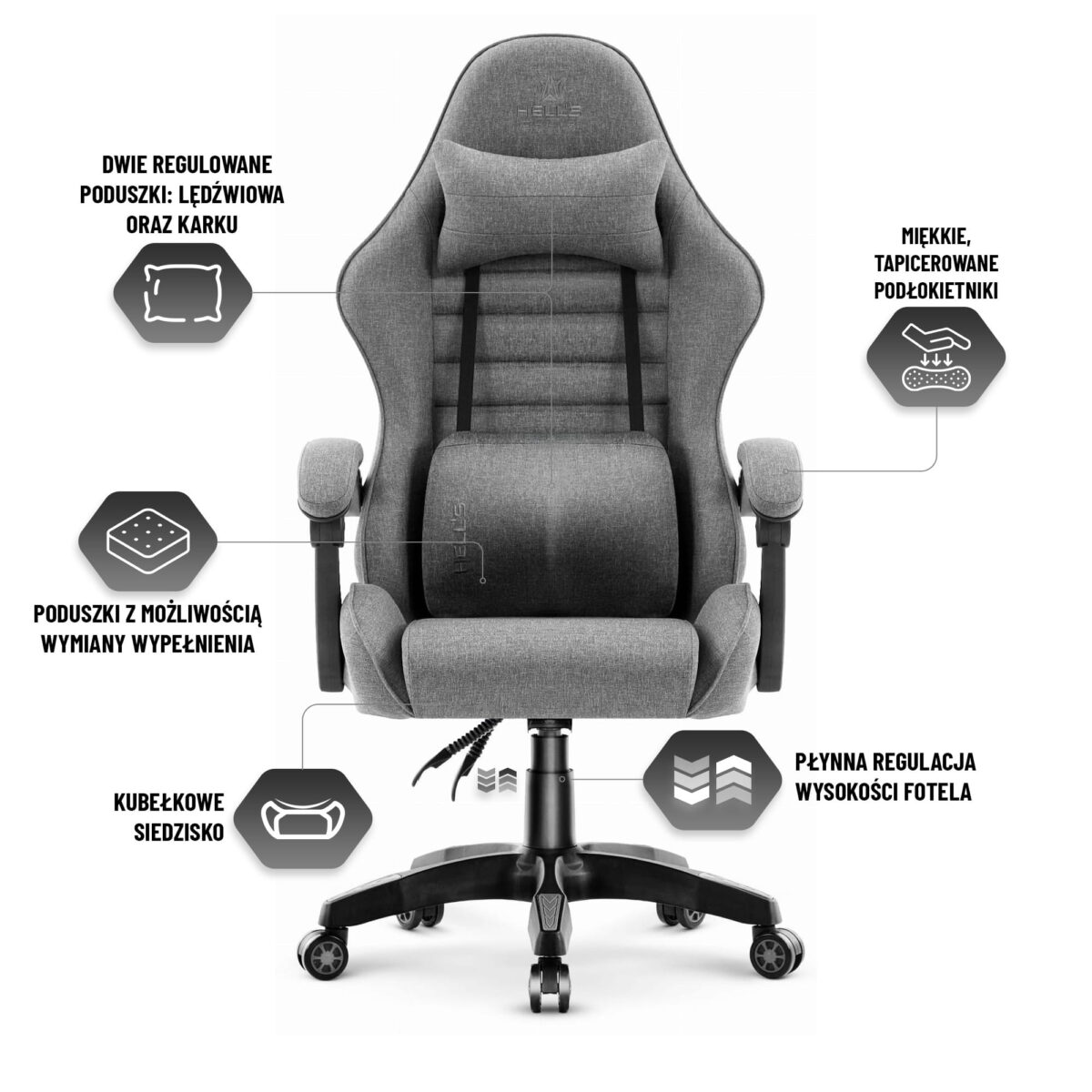 Геймерське комп'ютерне крісло Hell's Chair HC-1003 2.0 Grey Black тканина - Зображення 7