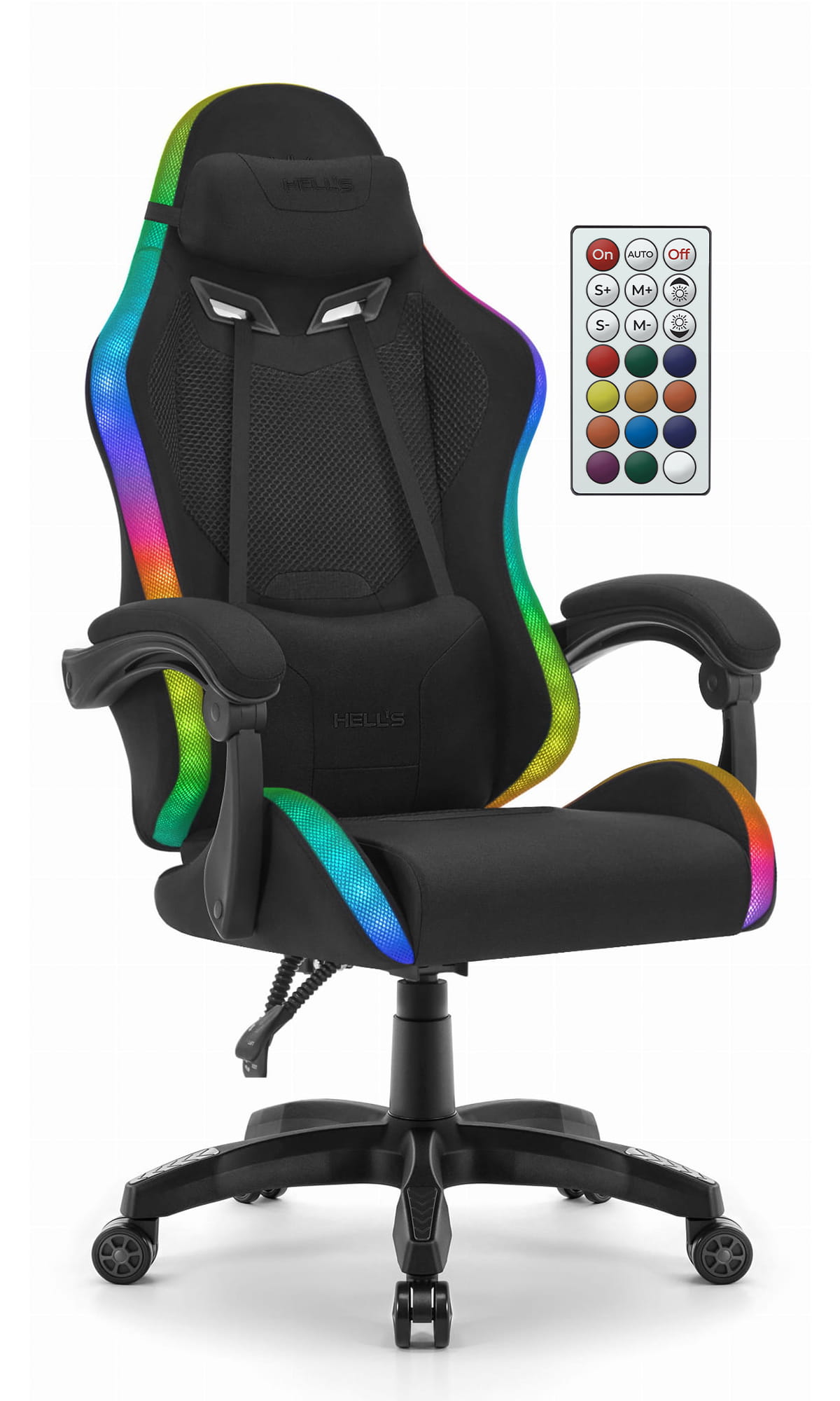 Fotel-gamingowy-Hells-Chair-HC-1012-Black-Czarny-Tkanina-LED-RGB Геймерське крісло Hell's Chair HC-1008 Grey Pink 2.0 — стильне сіро-рожеве ігрове крісло з дихаючої тканини HD та сітки.