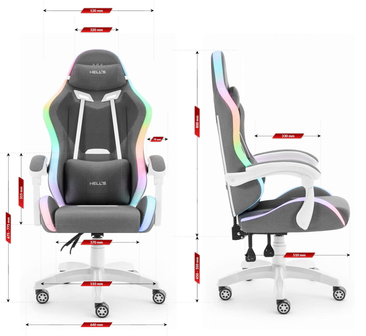 Геймерське ігрове комп'ютерне крісло Hell's Chair HC-1012 LED RGB Grey White тканина - Зображення 10