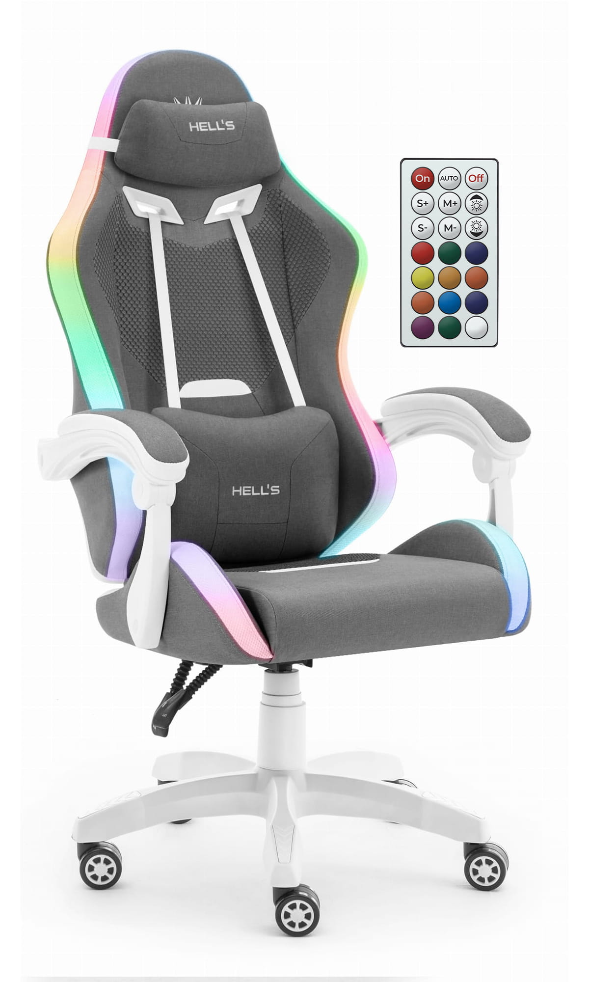 Fotel-gamingowy-Hells-Chair-HC-1012-Grey-White-Szary-Bialy-LED-RGB-Tkanina Геймерське крісло Hell's Chair HC-1012 Pink White — стильне рожеве ігрове крісло з дихаючої тканини для дівчат.