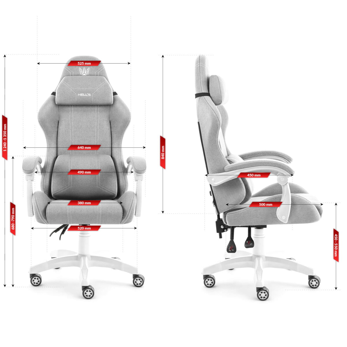 Геймерське ігрове комп'ютерне крісло Hell's Chair HC-1014 Grey White тканина - Зображення 10