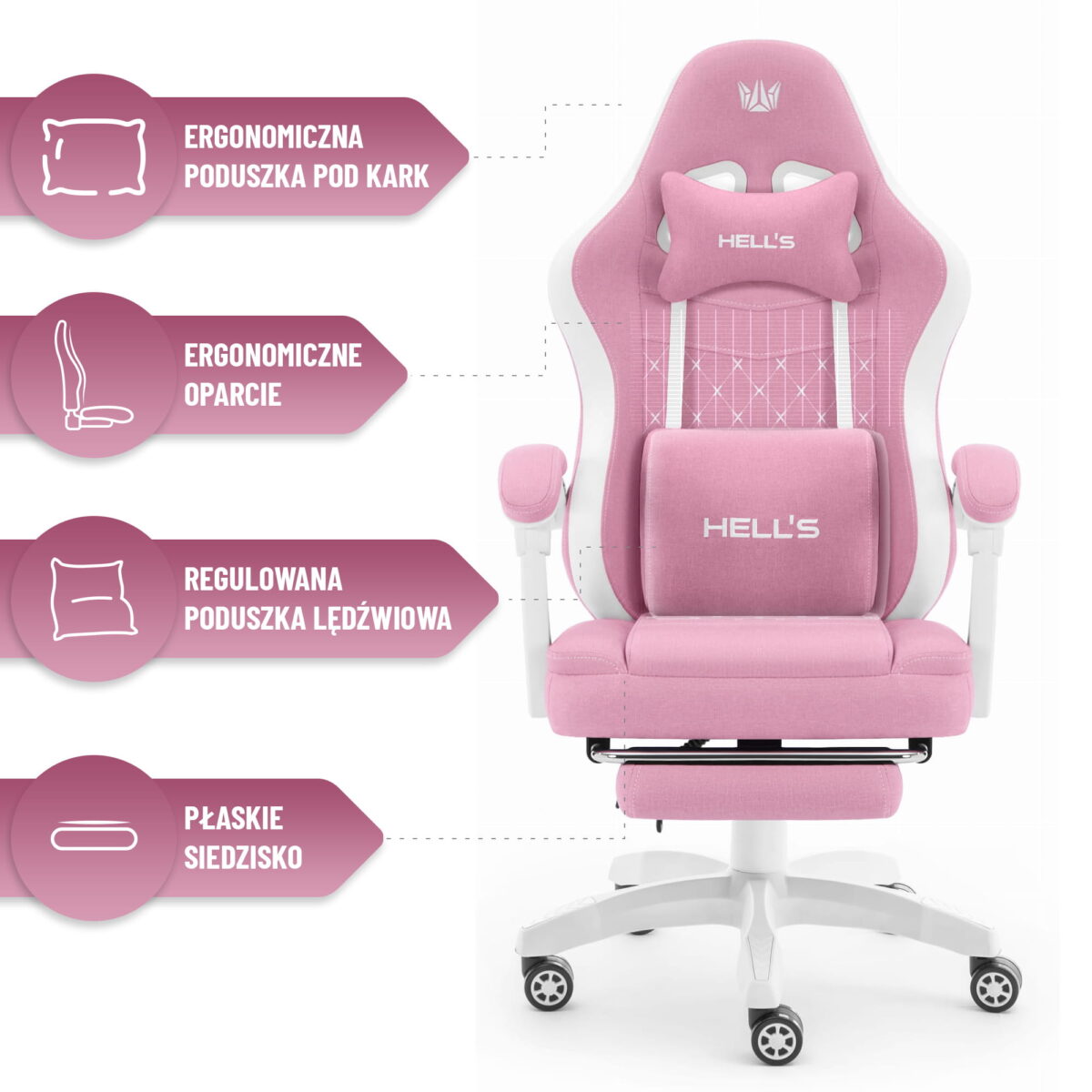 Геймерське комп'ютерне крісло Hell's Chair HC-1015 Pink White тканина - Зображення 8