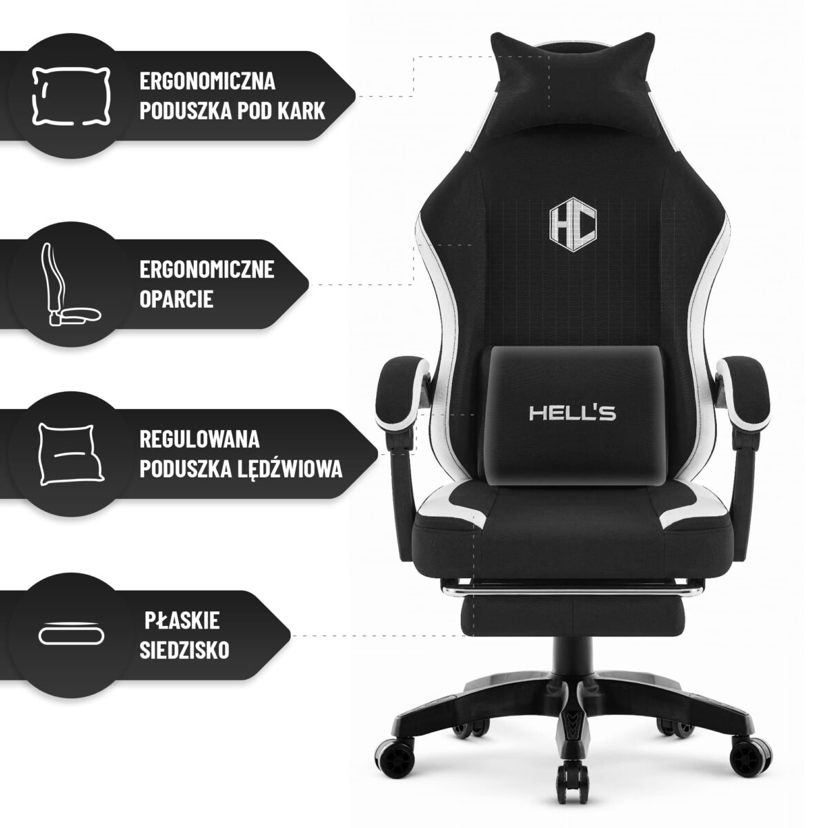 Геймерське комп'ютерне крісло Hell's Chair HC-1016 Black White тканина - Зображення 8