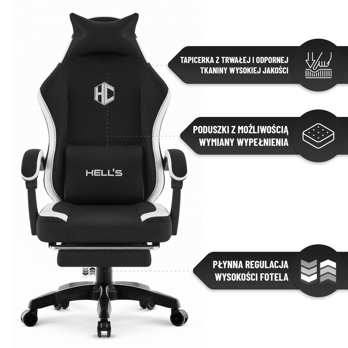 Геймерське комп'ютерне крісло Hell's Chair HC-1016 Black White тканина - Зображення 9