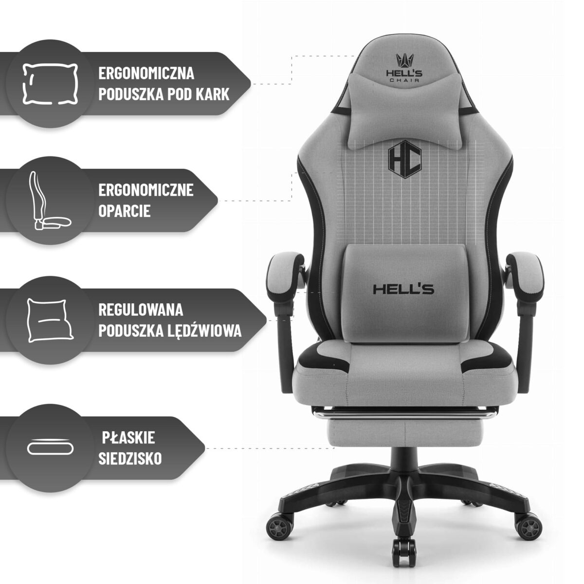 Геймерське комп'ютерне крісло Hell's Chair HC-1016 Gey Black тканина - Зображення 7