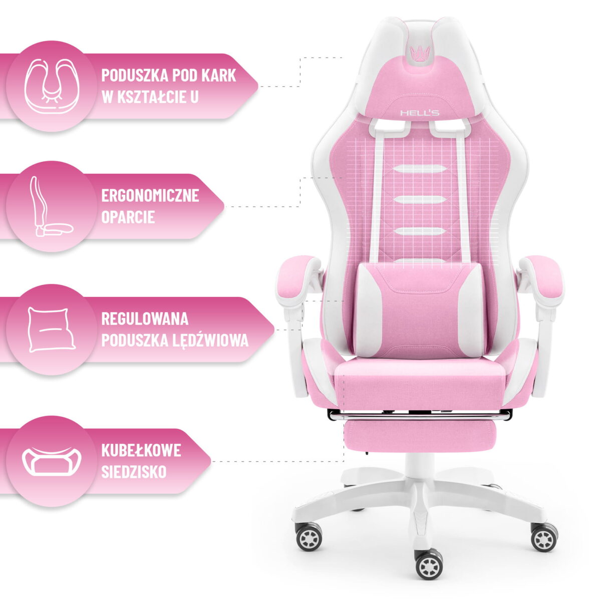 Геймерське ігрове комп'ютерне крісло Hell's Chair HC-1039 2.0 Pink White тканина - Зображення 6