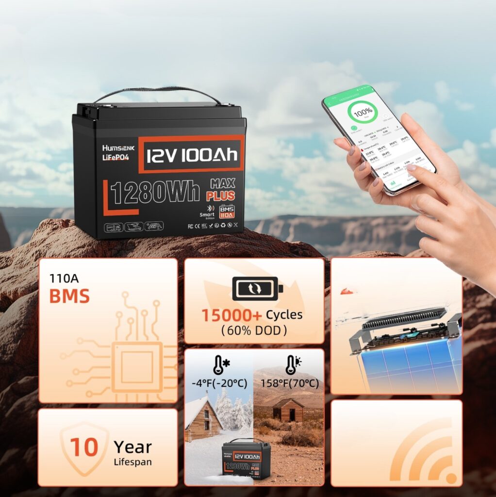 Акумулятор HumsiENKD MAX PLUS LiFePO4 12V 100Ah 1280 Вт·год 15000+ циклів BT Z BMS 110A HS12V100AH100MAXPLUS