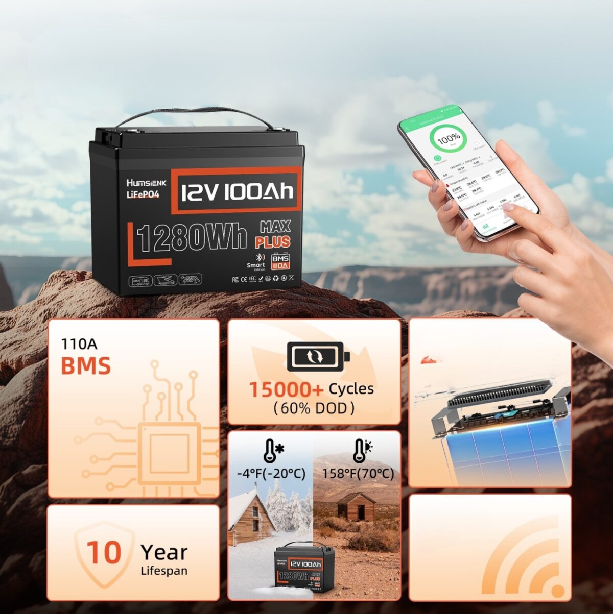 Акумулятор HumsiENKD MAX PLUS LiFePO4 12V 100Ah 1280 Вт·год 15000+ циклів BT Z BMS 110A HS12V100AH100MAXPLUS