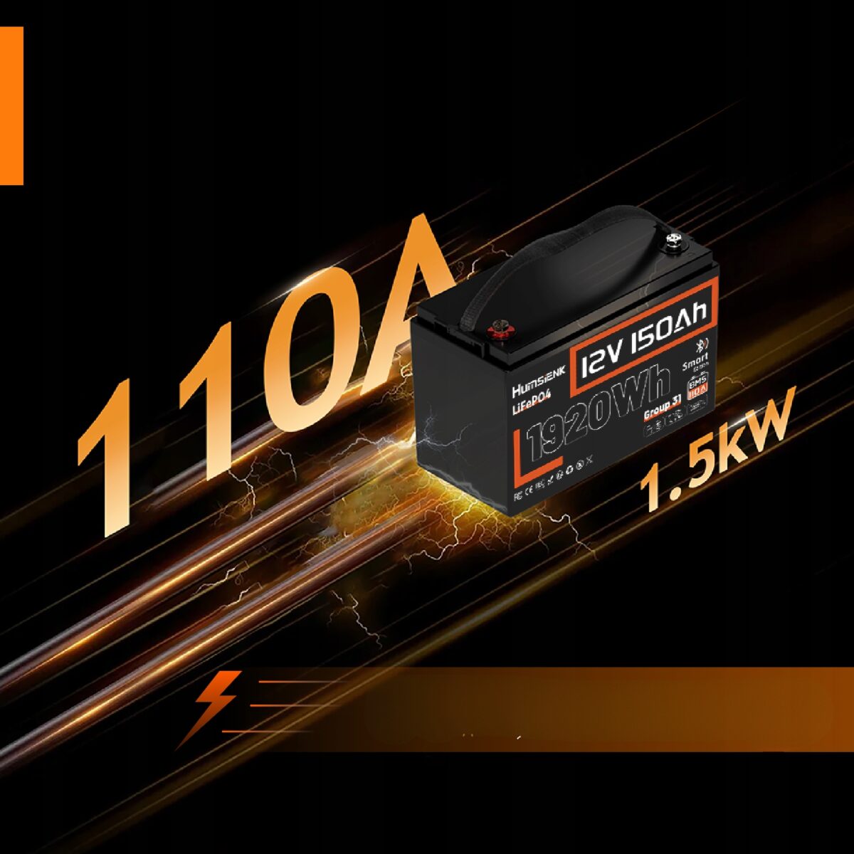 Акумулятор LiFePO4 12V 150Ah Bluetooth 110A BMS HumsiENK HS12V150AH110BT
