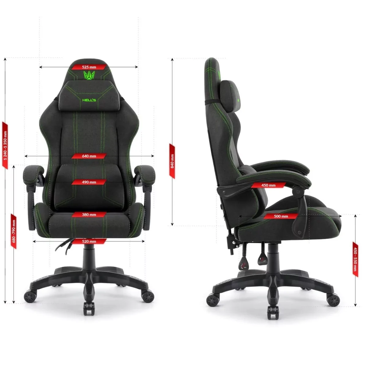 Геймерське ігрове комп'ютерне крісло Hell's Chair HC-1014 Black Green тканина - Зображення 9