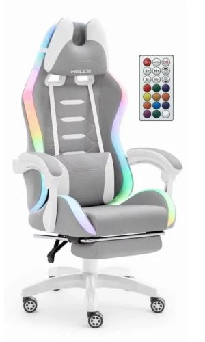 Геймерське комп'ютерне крісло Hell's Chair HC-1039 2.0 LED RGB Grey White тканина