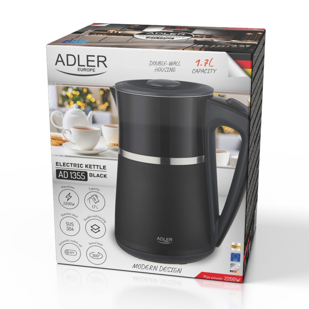 Електричний Чайник Adler AD 1355 black 1.7 л внутрішня частина з нержавіючої сталі подвійні стінки