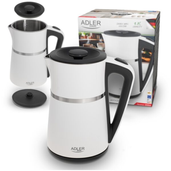 Електричний Чайник Adler AD 1355 white 1.7 л внутрішня частина з нержавіючої сталі Подвійні стінки