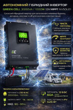 Гібридний інвертор GREEN CELL 2000VA 1000W 12V MPPT INVSOL01 автономний - Зображення 2