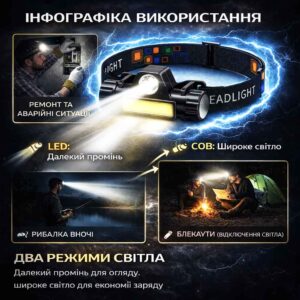 Компактний перезаряджуваний налобний ліхтарик COB+LED USB 400mAh — універсальний помічник для дому, роботи, кемпінгу, риболовлі та аварійних ситуацій. Подвійне джерело світла (широкий COB + спрямований LED), швидка USB-зарядка, магнітне кріплення та легка конструкція роблять його ідеальним для щоденного використання.