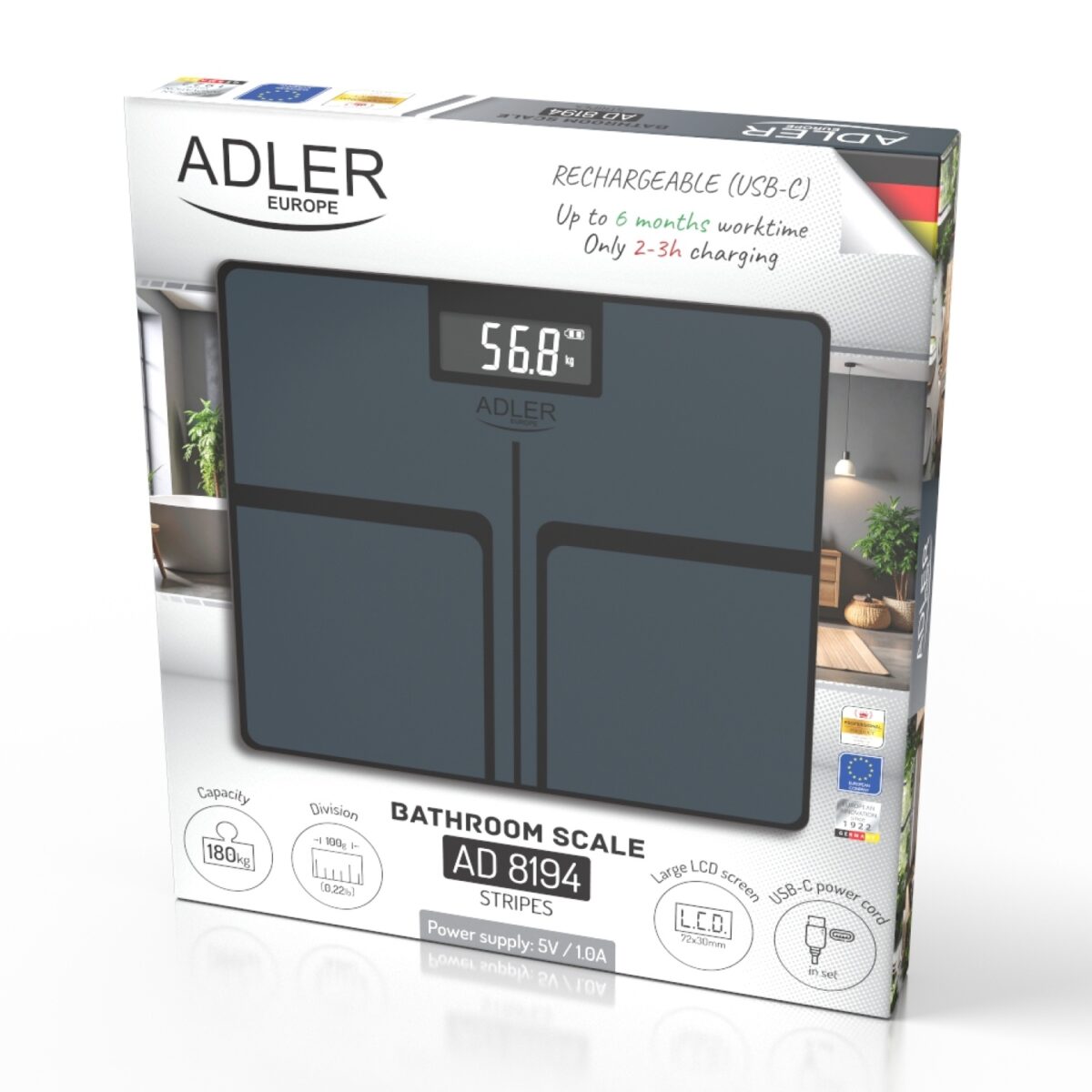 Вага підлогова акумуляторна для ванної кімнати USB-C Adler AD 8194 stripes 180 кг