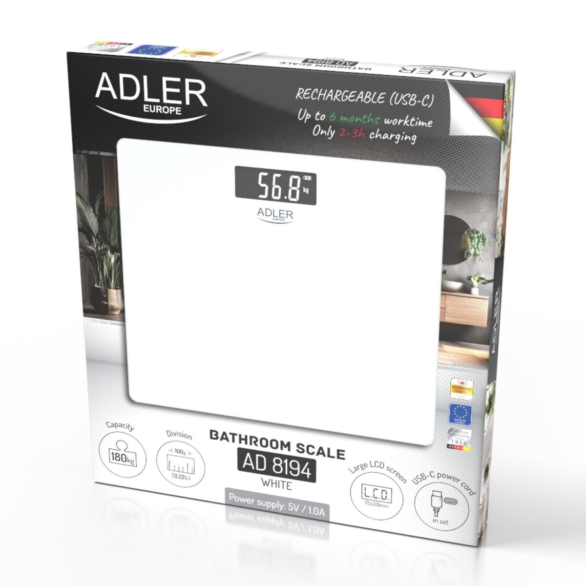 Вага підлогова акумуляторна USB Adler AD 8194 white 180 kg