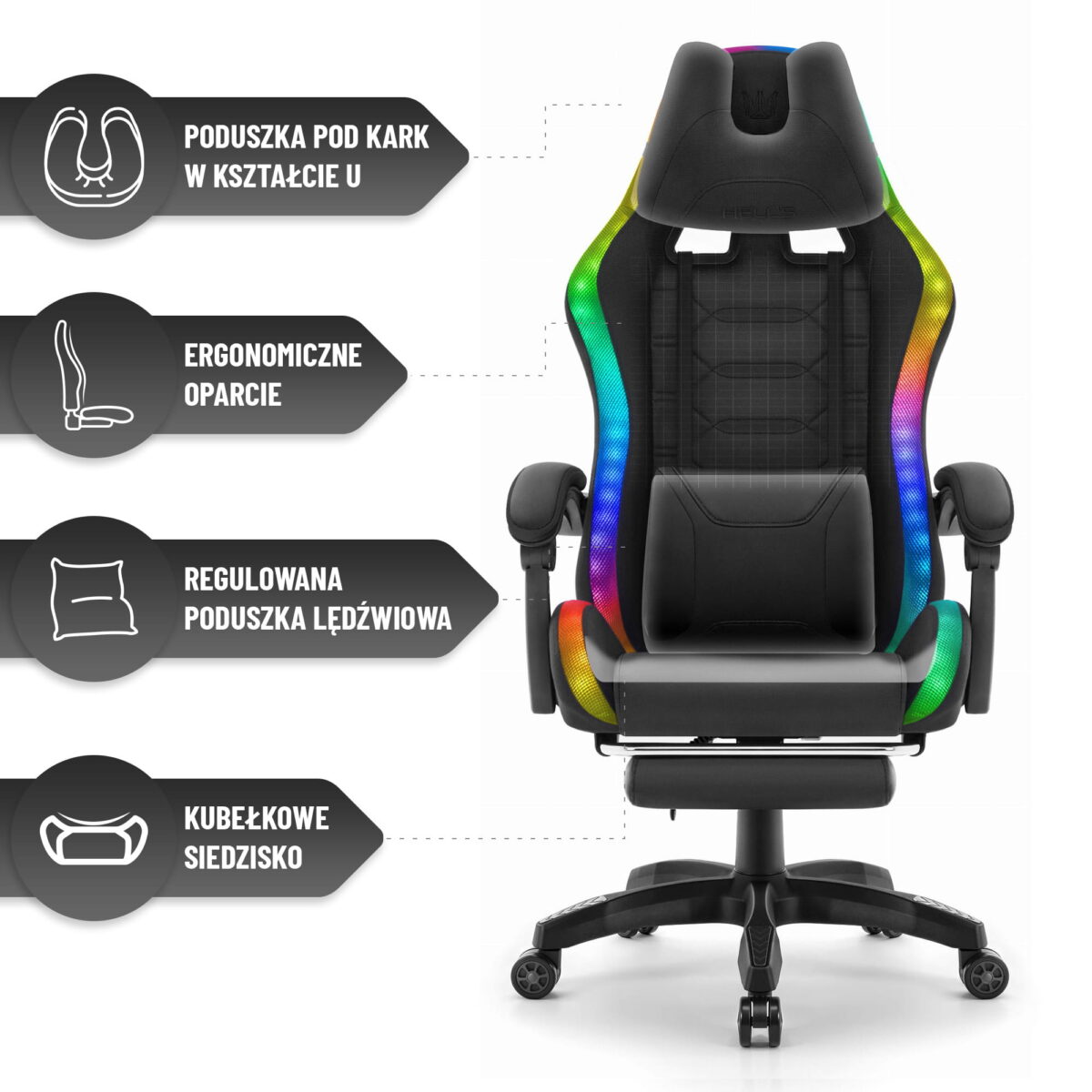 Геймерське комп'ютерне крісло Hell's Chair HC-1039 2.0 LED RGB Black тканина - Зображення 7