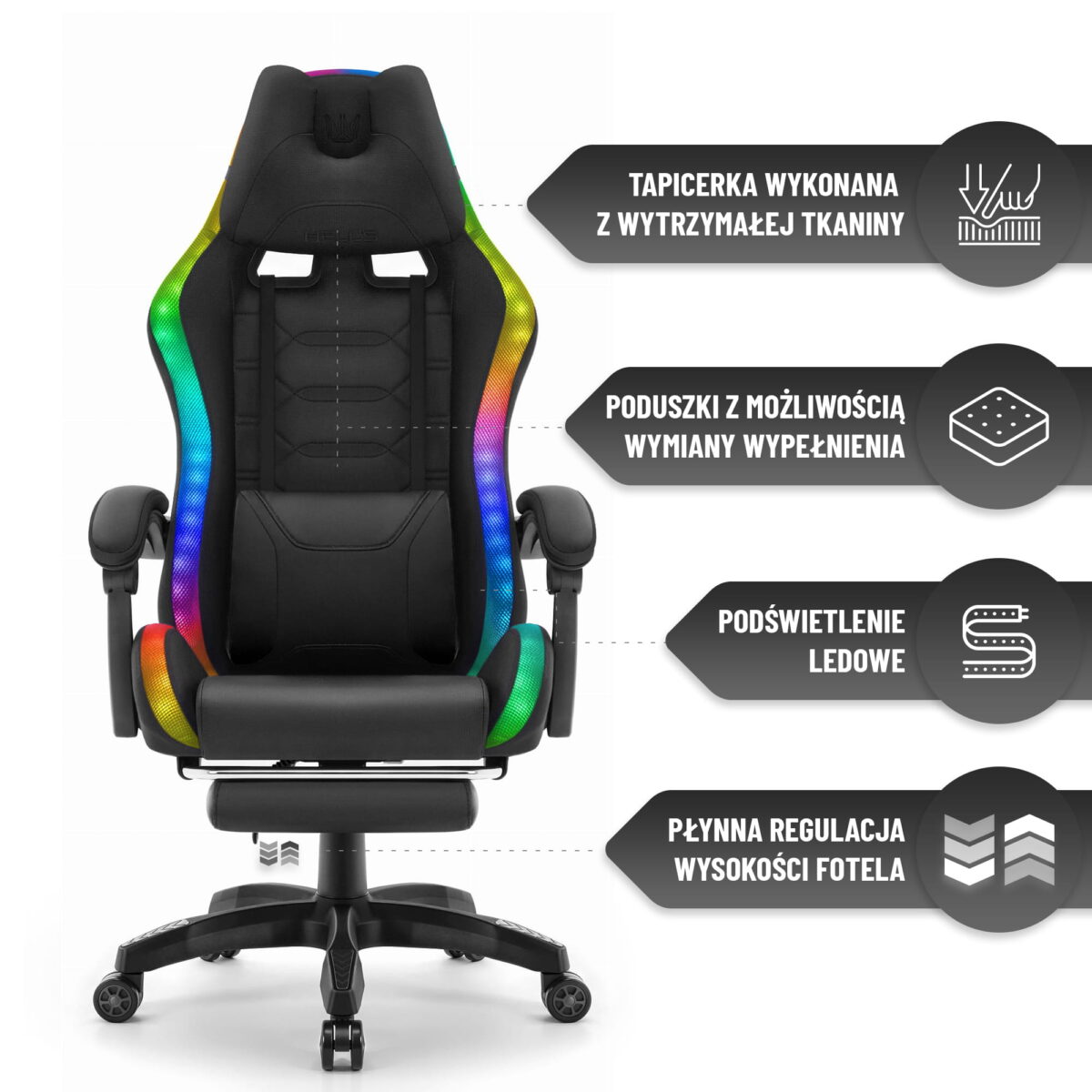 Геймерське комп'ютерне крісло Hell's Chair HC-1039 2.0 LED RGB Black тканина - Зображення 9
