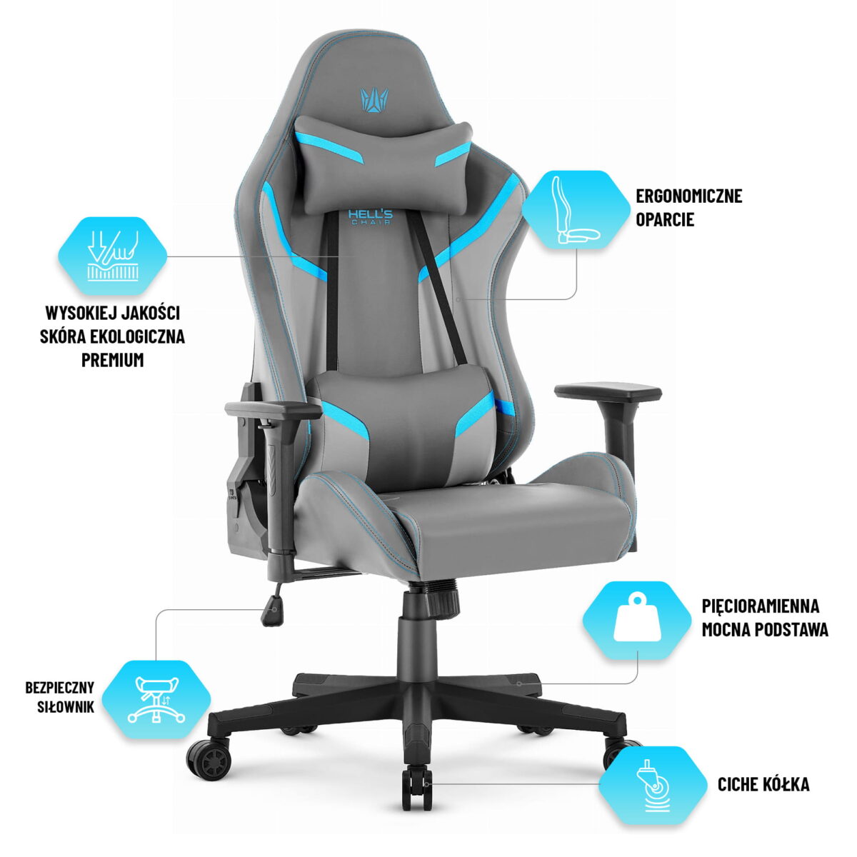 Геймерське комп'ютерне крісло Hell's Chair HC-2002 Grey Blue - Зображення 4