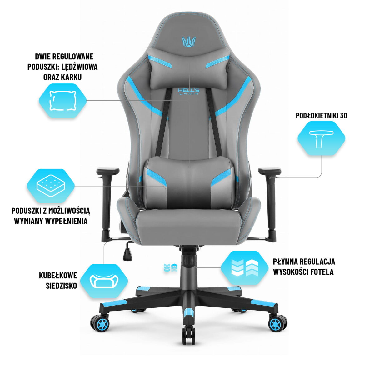 Геймерське комп'ютерне крісло Hell's Chair HC-2002 Grey Blue - Зображення 5