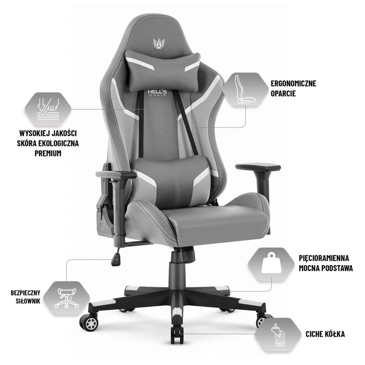 Геймерське комп'ютерне крісло Hell's Chair HC-2002 Grey White - Зображення 4