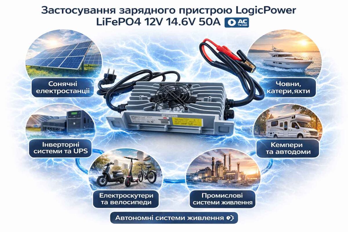 Зарядний пристрій для акумуляторів LogicPower LiFePO4 12V 14.6V 50A waterproof інфографіка