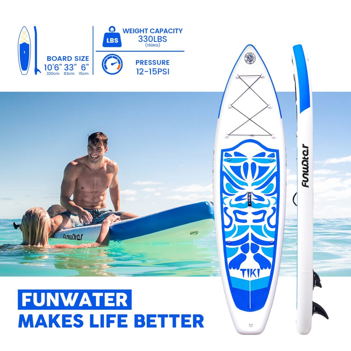 SUP-дошка надувна FunWater SUPFW05B Tiki 3,2 м (синьо-білий) - Зображення 7
