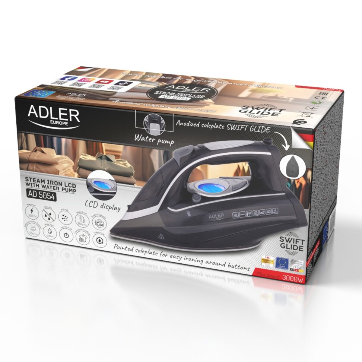 Парова праска Adler AD 5054 LCD 3000 W Stopa SWIFT GLIDE - Зображення 14
