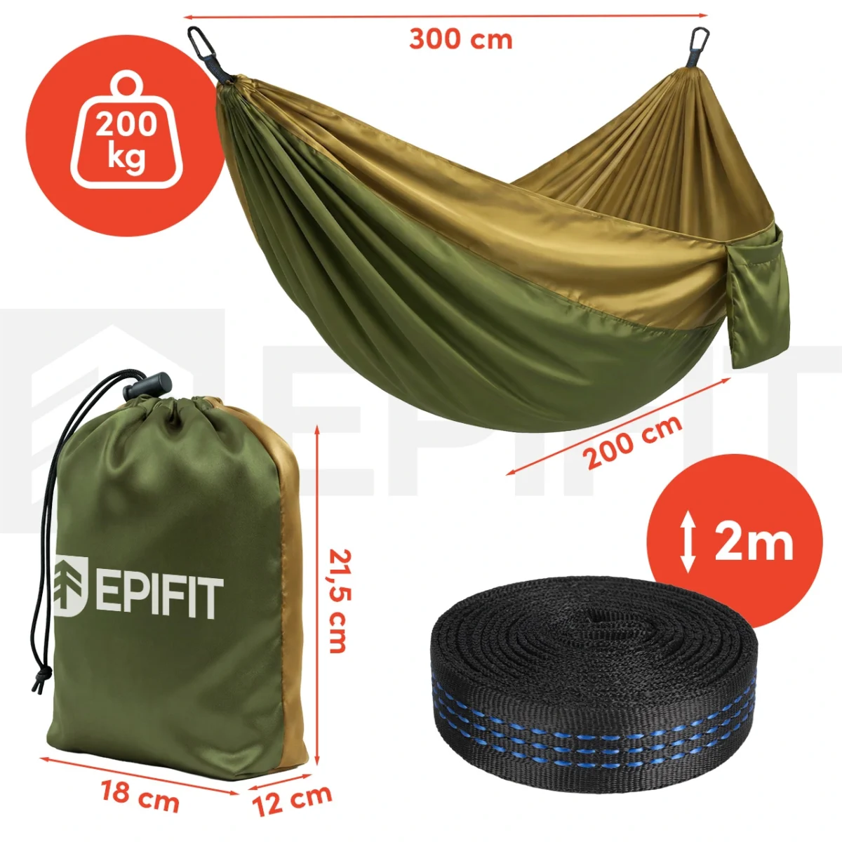 Гамак туристичний EPIFIT CALM300 114261, двомісний, хакі-зелений, до 200 кг - Зображення 3