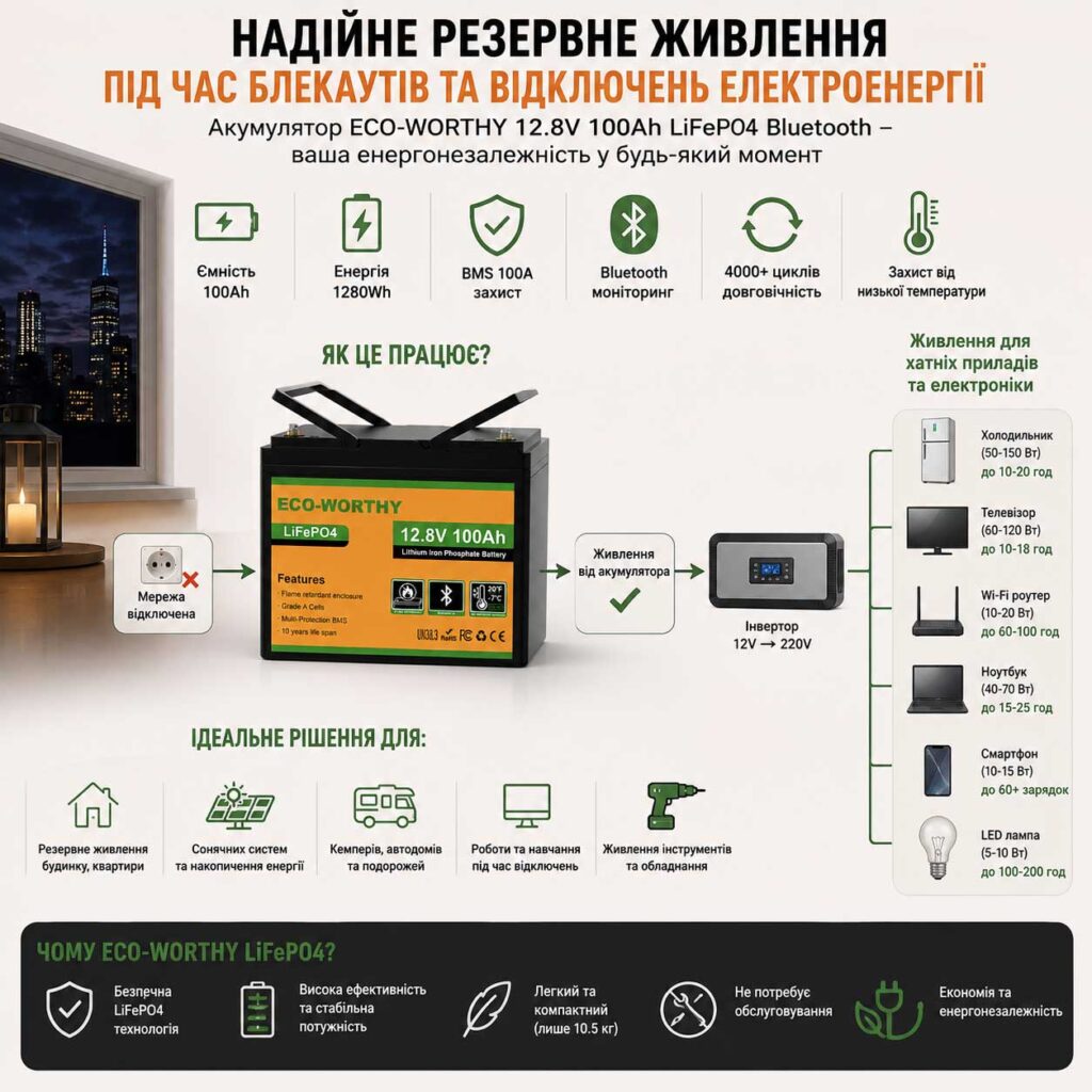 Акумулятор LiFePO4 12.8V 100Ah ECO-WORTHY Bluetooth