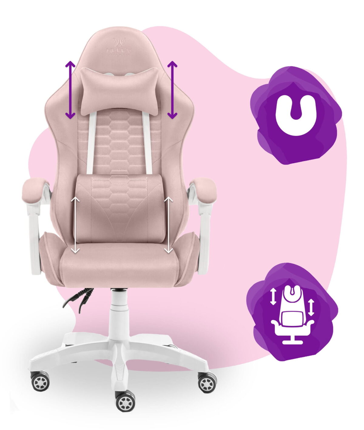 Геймерське комп'ютерне крісло Hell's Chair HC-1000 Kids Pink White велюр - Зображення 6