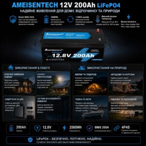 Акумулятор LiFePO4 Ameisentech акумуляторна батарея 12V 200Ah BMS 19.3кг інфографіка